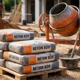 Na budowie stosy worków z napisem "BETON B20" czekają na użycie. Zastanawiasz się, ile kosztuje kubik betonu B20?