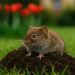 Mały gryzoń siedzi na kopcu ziemi, świeżo wykopanym przez karczownika. W tle widać czerwone tulipany.