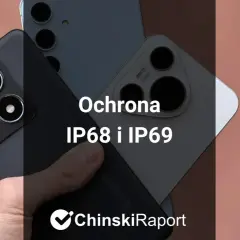 Dwa smartfony z potrójnymi aparatami, jeden czarny, drugi biały. Tekst: "Ochrona IP68 i IP69".