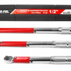 Trzy klucze dynamometryczne w walizce. Jeden z nich to klucz dynamometryczny 40-210Nm Profi 1/2".