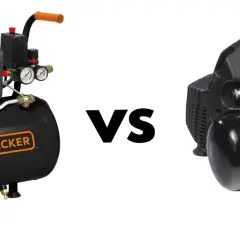 Porównanie: kompresor olejowy czy bezolejowy? Dwa urządzenia Black+Decker, jedno z widocznym manometrem, drugie bardziej kompaktowe.