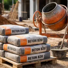 Na budowie stosy worków z napisem "BETON B20" czekają na użycie. Zastanawiasz się, ile kosztuje kubik betonu B20?