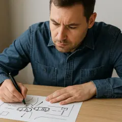 Mężczyzna rysuje na kartce szkic sytuacyjny z samochodami A i B.