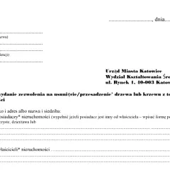 Fragment wniosku o zezwolenie na usunięcie drzewa/krzewu z terenu nieruchomości, z danymi urzędu.