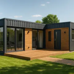 Nowoczesny dom z kontenerów 100m2 cena. Elegancka bryła z drewnianą elewacją i dużymi przeszkleniami, otoczona zielonym trawnikiem.