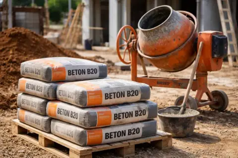 Na budowie stosy worków z napisem "BETON B20" czekają na użycie. Zastanawiasz się, ile kosztuje kubik betonu B20?