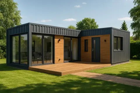 Nowoczesny dom z kontenerów 100m2 cena. Elegancka bryła z drewnianą elewacją i dużymi przeszkleniami, otoczona zielonym trawnikiem.