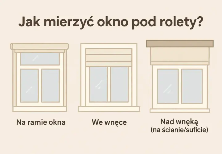 Trzy sposoby montażu rolet: na ramie, we wnęce i nad wnęką. Pomiary pion a poziom są kluczowe.
