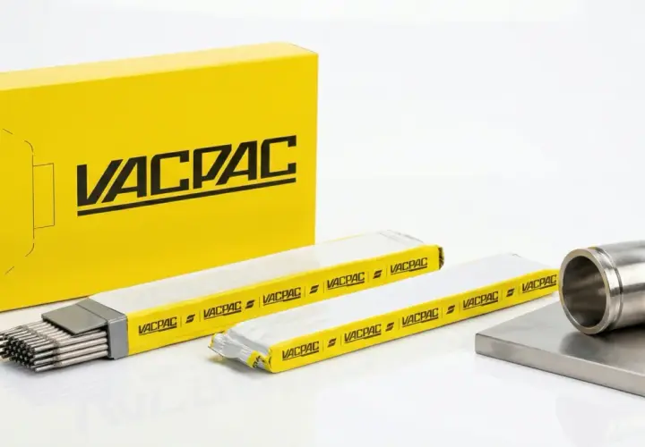 Żółte opakowanie Vacpac zawiera różne rodzaje elektrod spawalniczych. Obok leżą dwie paczki elektrod i metalowy kolanko.