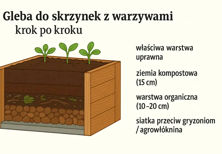 Warstwowa budowa grządki podwyższonej: siatka, warstwa organiczna, ziemia kompostowa i warstwa uprawna z młodymi roślinami.