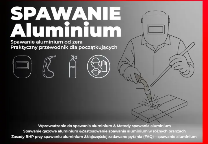 Ilustracja pokazuje, czym spawać aluminium: spawacz w masce spawa metal. Obok ikony maski, palnika, butli z argonem i znaku BHP.