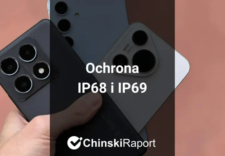 Dwa smartfony z potrójnymi aparatami, jeden czarny, drugi biały. Tekst: "Ochrona IP68 i IP69".