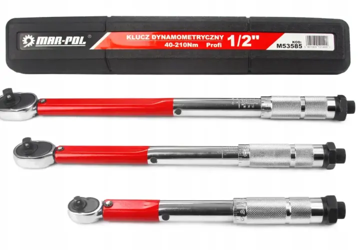 Trzy klucze dynamometryczne w walizce. Jeden z nich to klucz dynamometryczny 40-210Nm Profi 1/2".