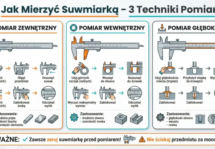 Jak mierzyć suwmiarką: zewnętrzne, wewnętrzne i głębokości. Instrukcja krok po kroku, jak używać suwmiarki do precyzyjnych pomiarów.