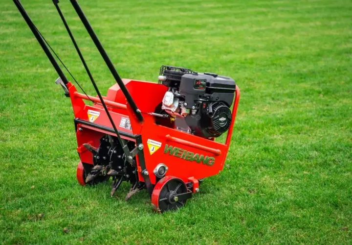 Czerwony aerator Weidemann na zielonej trawie. Idealny czas na aerację trawnika, gdy jest wilgotna i gotowa na odżywienie.