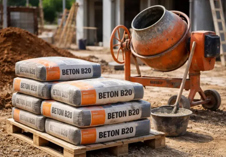 Na budowie stosy worków z napisem "BETON B20" czekają na użycie. Zastanawiasz się, ile kosztuje kubik betonu B20?