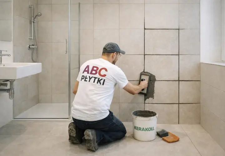Mężczyzna w koszulce "ABC PŁYTKI" klęczy i fuguje ściany w łazience. Pokazuje, jak fugować płytki.