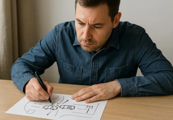 Mężczyzna rysuje na kartce szkic sytuacyjny z samochodami A i B.
