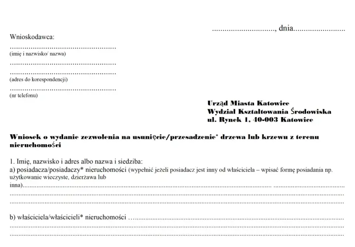 Fragment wniosku o zezwolenie na usunięcie drzewa/krzewu z terenu nieruchomości, z danymi urzędu.