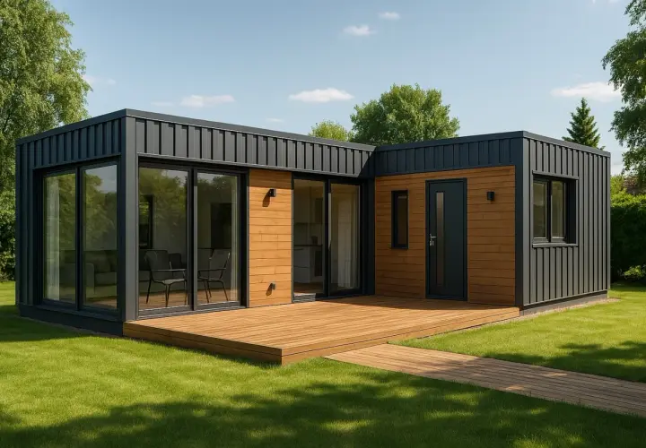 Nowoczesny dom z kontenerów 100m2 cena. Elegancka bryła z drewnianą elewacją i dużymi przeszkleniami, otoczona zielonym trawnikiem.