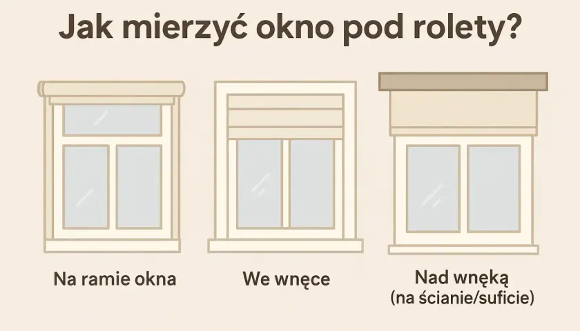Trzy sposoby montażu rolet: na ramie, we wnęce i nad wnęką. Pomiary pion a poziom są kluczowe.