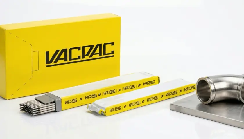 Żółte opakowanie Vacpac zawiera różne rodzaje elektrod spawalniczych. Obok leżą dwie paczki elektrod i metalowy kolanko.