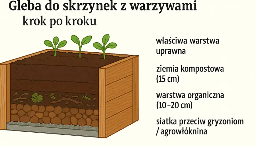 Warstwowa budowa grządki podwyższonej: siatka, warstwa organiczna, ziemia kompostowa i warstwa uprawna z młodymi roślinami.
