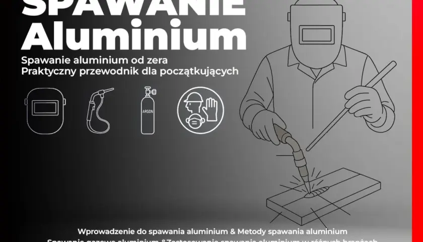 Ilustracja pokazuje, czym spawać aluminium: spawacz w masce spawa metal. Obok ikony maski, palnika, butli z argonem i znaku BHP.