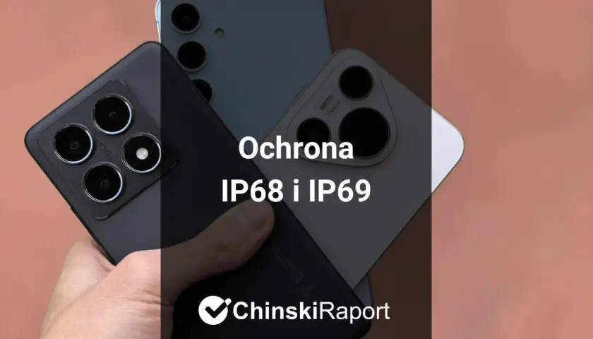 Dwa smartfony z potrójnymi aparatami, jeden czarny, drugi biały. Tekst: "Ochrona IP68 i IP69".