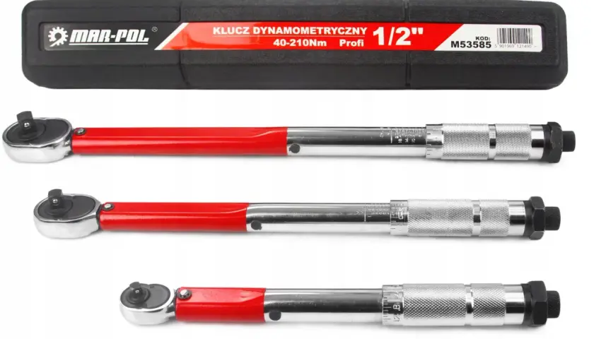 Trzy klucze dynamometryczne w walizce. Jeden z nich to klucz dynamometryczny 40-210Nm Profi 1/2".