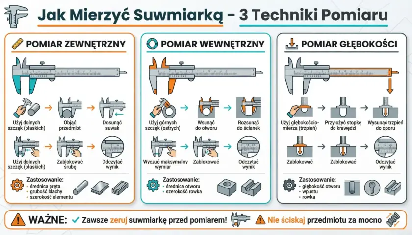 Jak mierzyć suwmiarką: zewnętrzne, wewnętrzne i głębokości. Instrukcja krok po kroku, jak używać suwmiarki do precyzyjnych pomiarów.