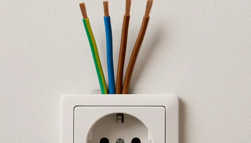 Cztery przewody elektryczne wychodzące z białego gniazdka. Zastanawiasz się, jaki kabel do gniazdek?