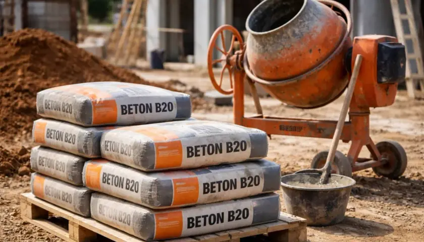 Na budowie stosy worków z napisem "BETON B20" czekają na użycie. Zastanawiasz się, ile kosztuje kubik betonu B20?