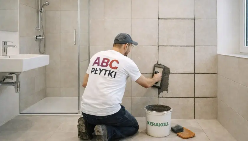 Mężczyzna w koszulce "ABC PŁYTKI" klęczy i fuguje ściany w łazience. Pokazuje, jak fugować płytki.