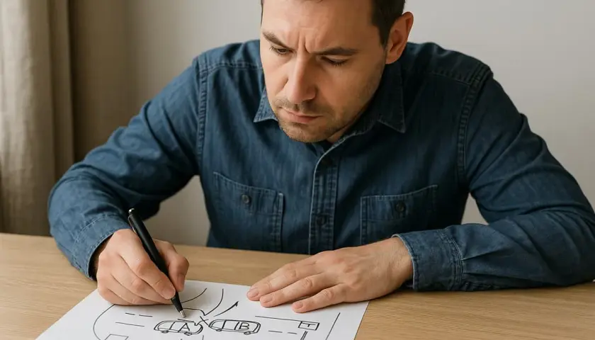 Mężczyzna rysuje na kartce szkic sytuacyjny z samochodami A i B.