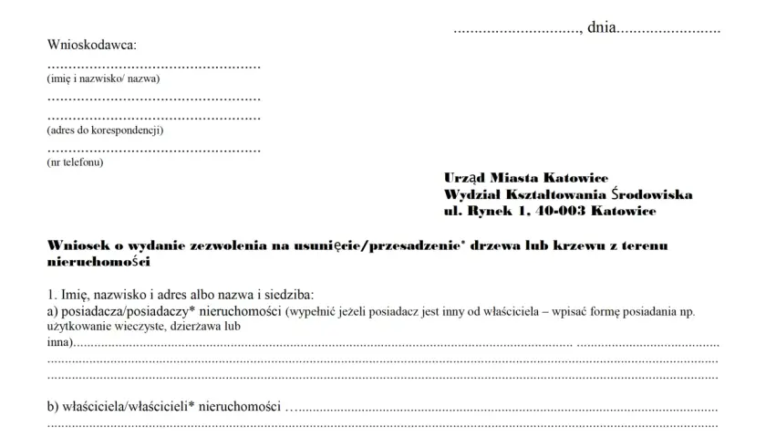 Fragment wniosku o zezwolenie na usunięcie drzewa/krzewu z terenu nieruchomości, z danymi urzędu.