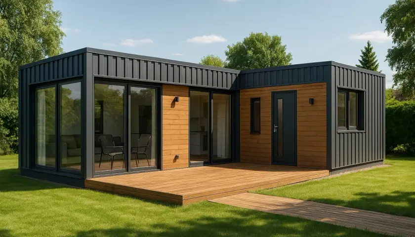 Nowoczesny dom z kontenerów 100m2 cena. Elegancka bryła z drewnianą elewacją i dużymi przeszkleniami, otoczona zielonym trawnikiem.