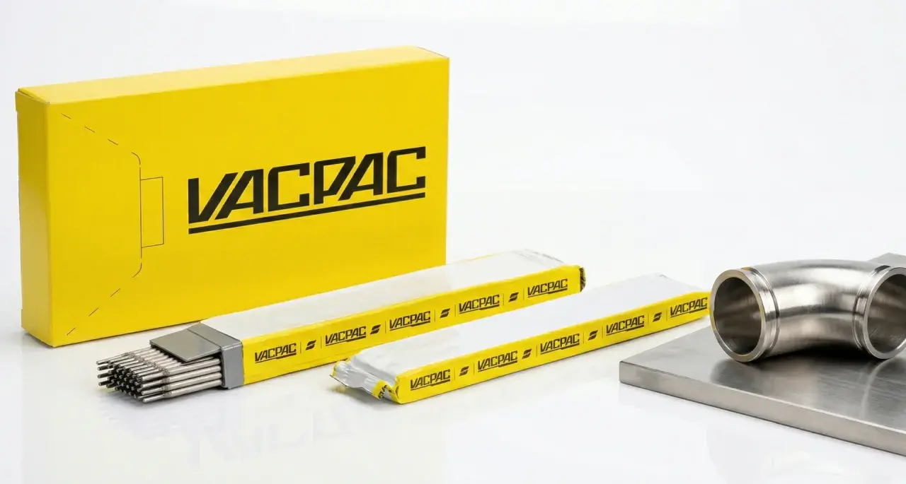 Żółte opakowanie Vacpac zawiera różne rodzaje elektrod spawalniczych. Obok leżą dwie paczki elektrod i metalowy kolanko.