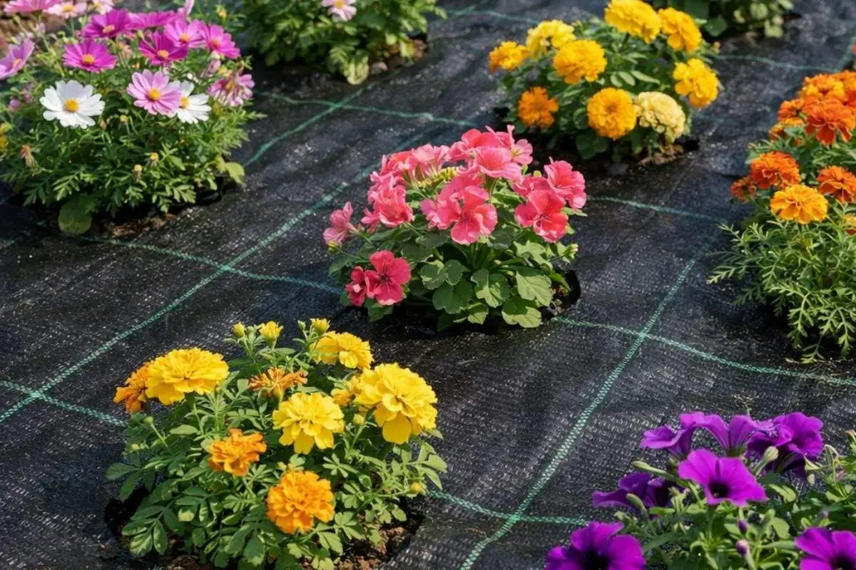 Kolorowe kwiaty posadzone na czarnej agrowłókninie. Czy pod korę dawać agrowłókninę? To pytanie rozwiązuje się samo, gdy widzimy taką aranżację.