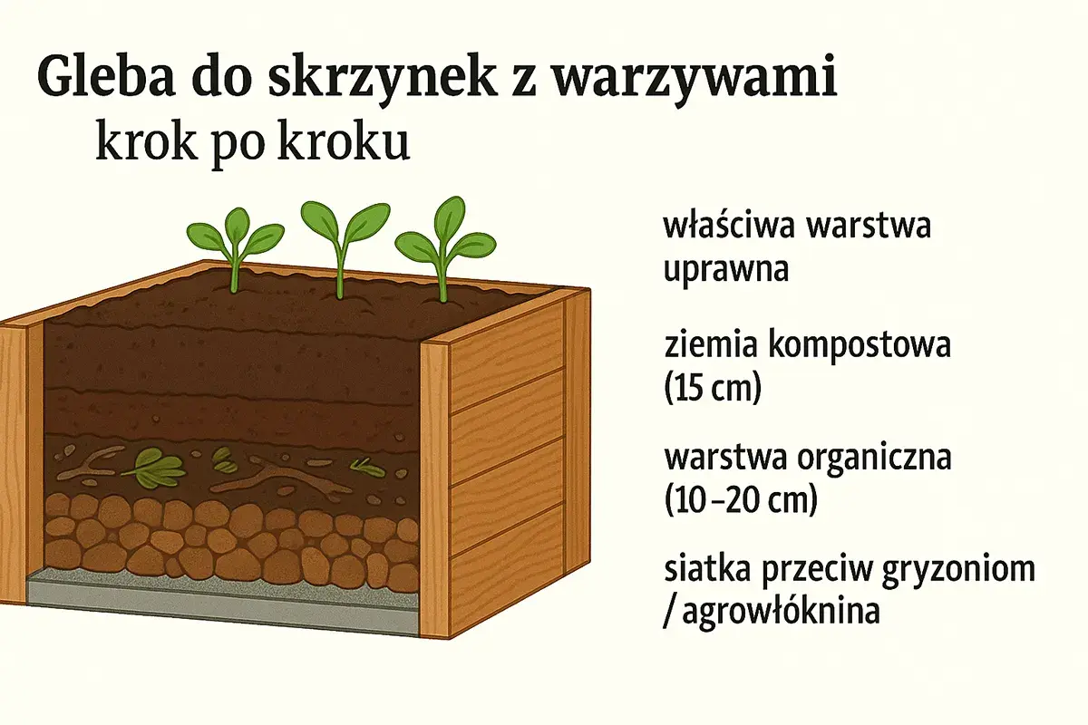 Warstwowa budowa grządki podwyższonej: siatka, warstwa organiczna, ziemia kompostowa i warstwa uprawna z młodymi roślinami.