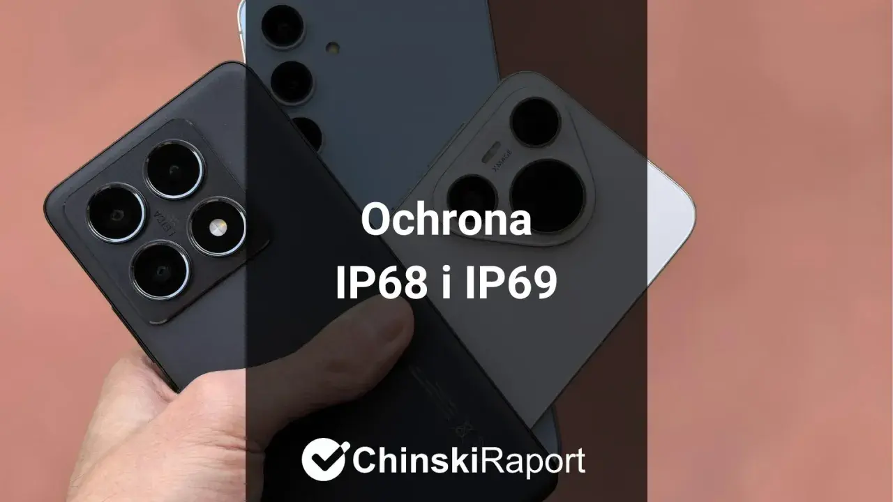 Dwa smartfony z potrójnymi aparatami, jeden czarny, drugi biały. Tekst: "Ochrona IP68 i IP69".