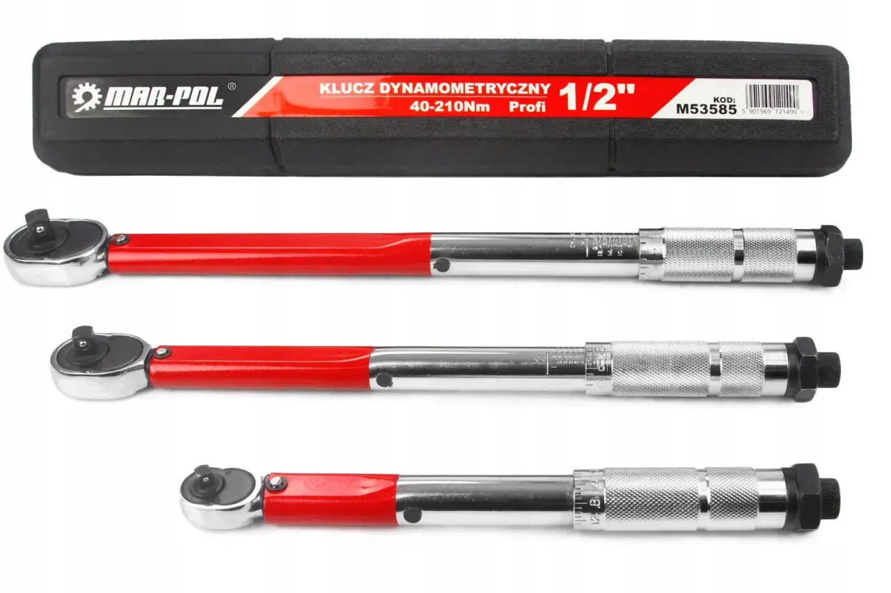 Trzy klucze dynamometryczne w walizce. Jeden z nich to klucz dynamometryczny 40-210Nm Profi 1/2".