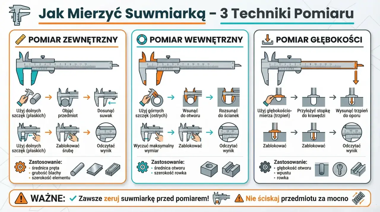 Jak mierzyć suwmiarką: zewnętrzne, wewnętrzne i głębokości. Instrukcja krok po kroku, jak używać suwmiarki do precyzyjnych pomiarów.