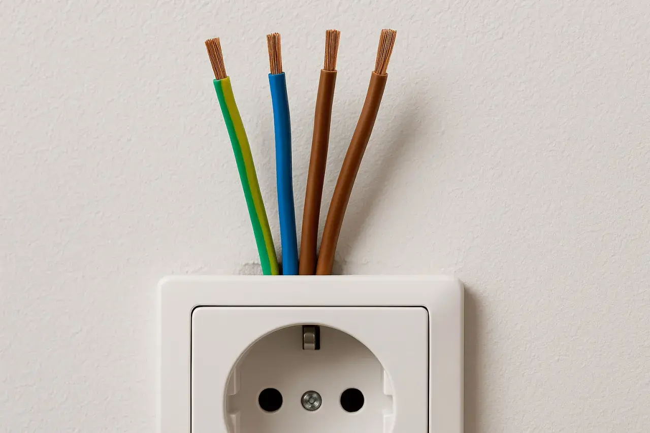 Cztery przewody elektryczne wychodzące z białego gniazdka. Zastanawiasz się, jaki kabel do gniazdek?