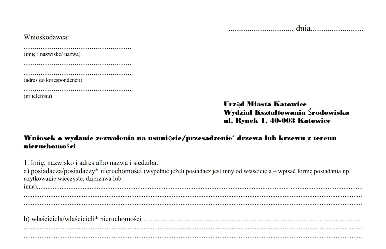 Fragment wniosku o zezwolenie na usunięcie drzewa/krzewu z terenu nieruchomości, z danymi urzędu.