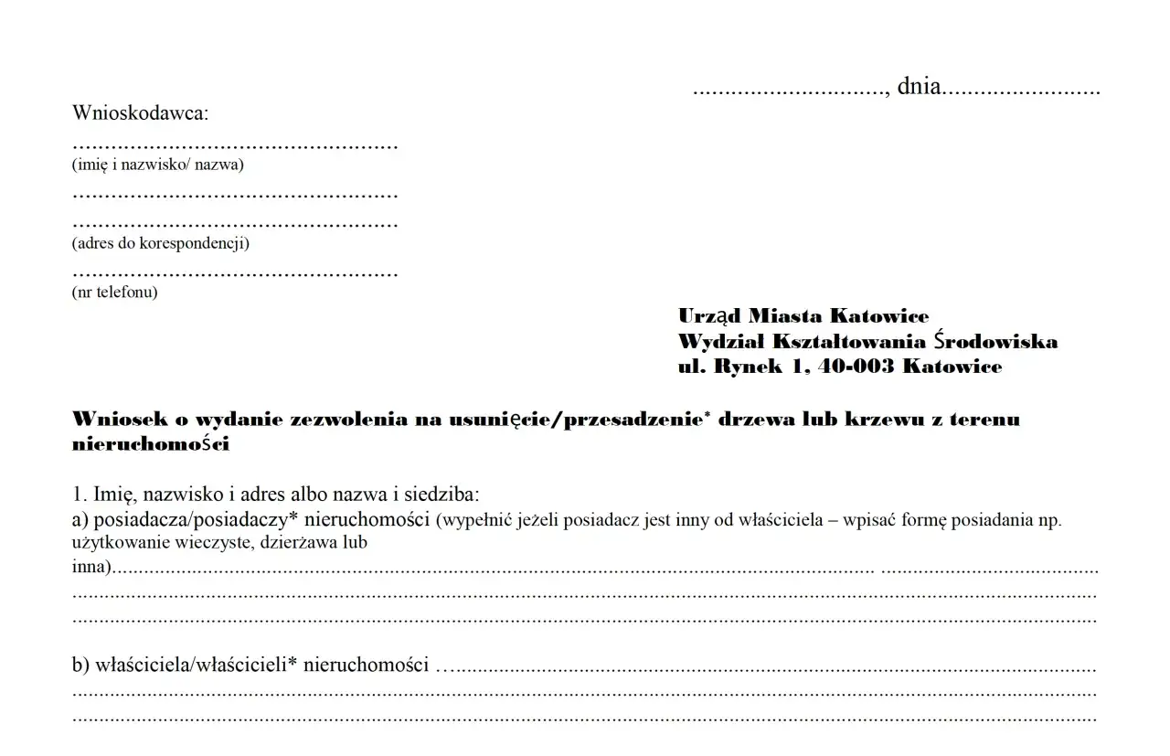 Formularz wniosku o zezwolenie na usunięcie drzewa/krzewu. Nie podaje, jakie drzewa można wyciąć bez zezwolenia.