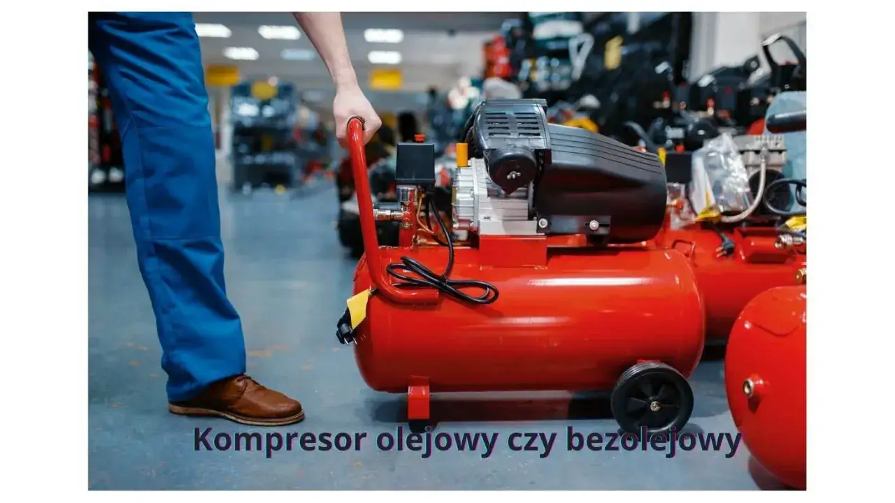 Czerwony kompresor olejowy czy bezolejowy? Mężczyzna w niebieskich spodniach przygotowuje się do pracy.