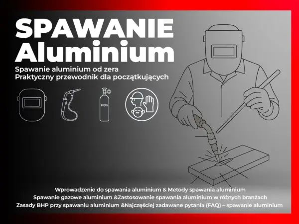 Ilustracja pokazuje, czym spawać aluminium: spawacz w masce spawa metal. Obok ikony maski, palnika, butli z argonem i znaku BHP.